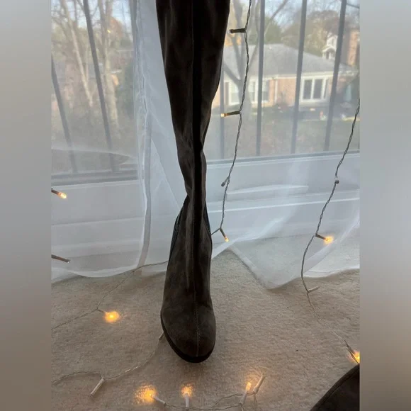 Italian Designer Suede Brown Green Khaki Knee High Fur Boots Platform High Heels - Picture 12 of 14